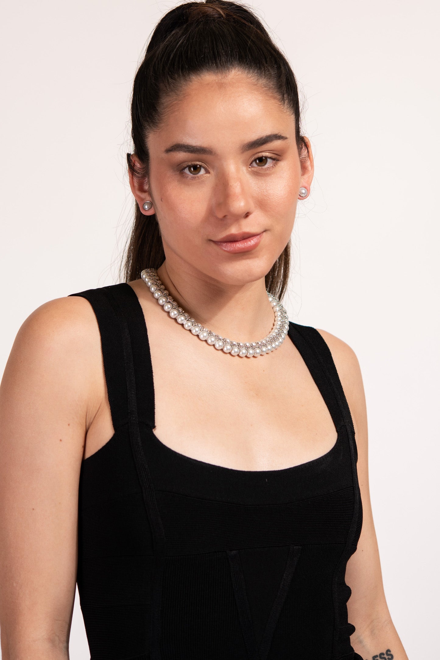 Indira Double Layer Pearl Necklace Set - Silver
