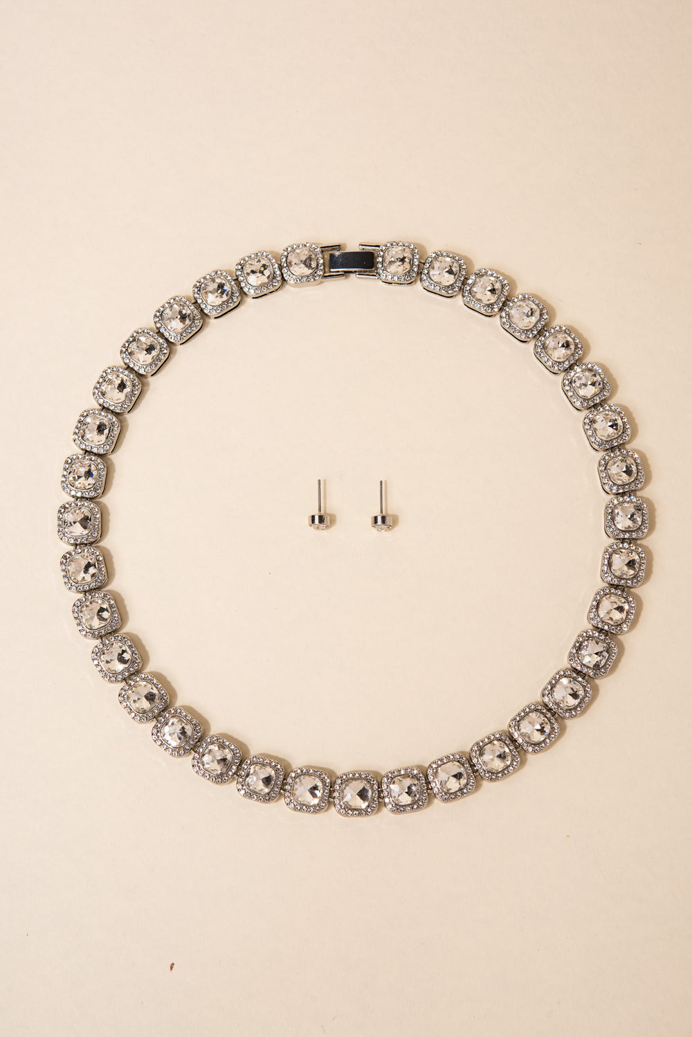 Veda Square Crystal Halo Tennis Necklace Set | Silver