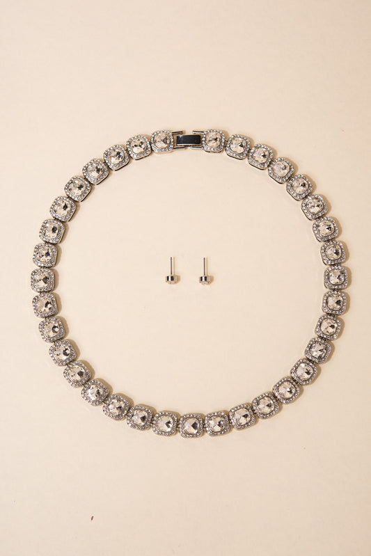 Veda Square Crystal Halo Tennis Necklace Set | Silver