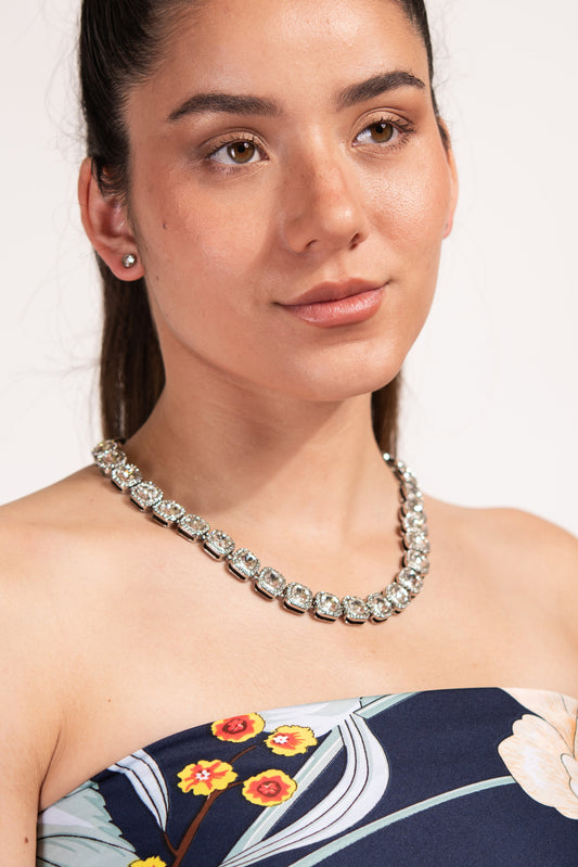 Veda Square Crystal Halo Tennis Necklace Set | Silver