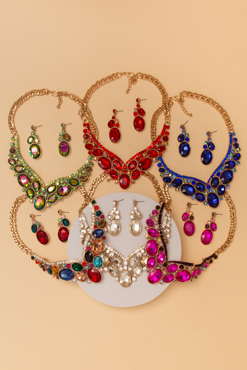 Sarah Multi Faceted Crystal Bib Necklace Earring Set