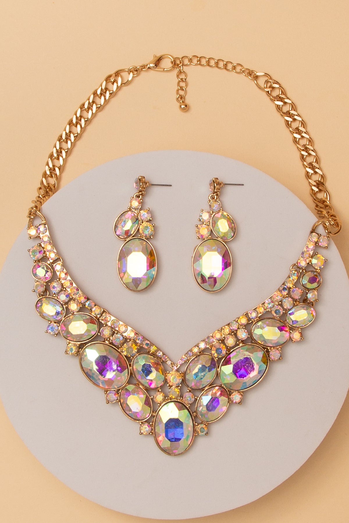 Sarah Multi Faceted Crystal Bib Necklace Earring Set | Iridescent