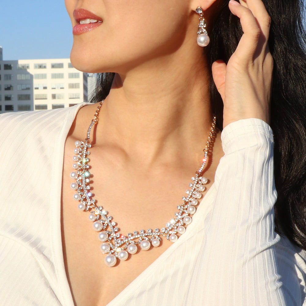 Celeste Pearl & Rhinestone Necklace & Earring Set | Gold