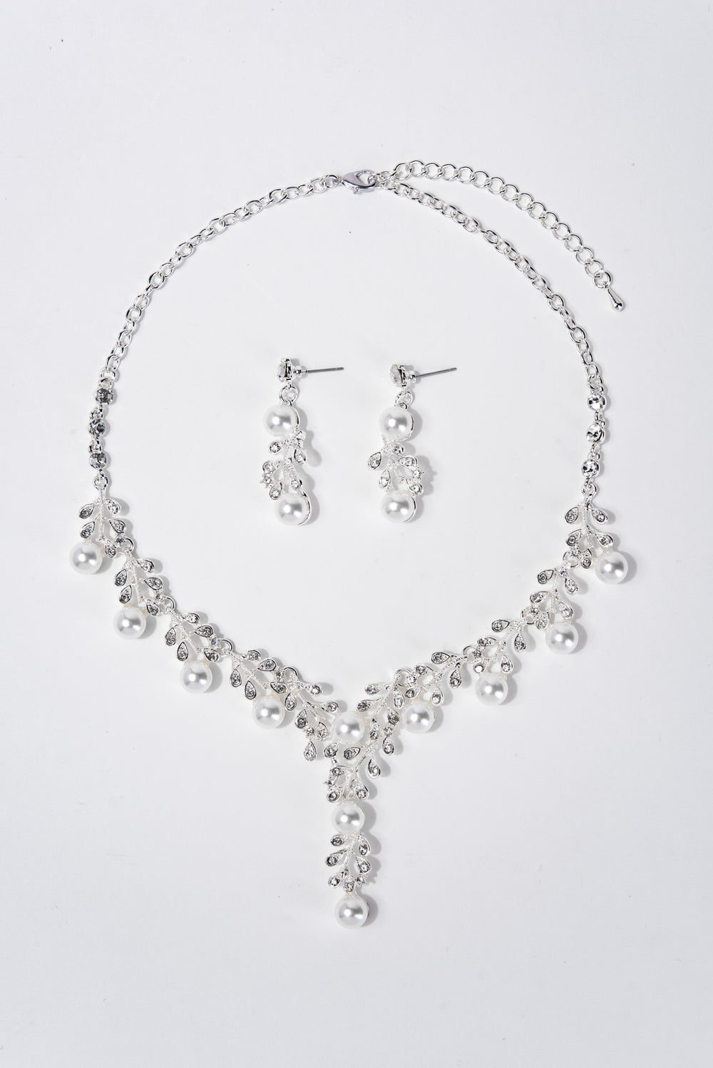 Daisy Rhinestone & Pearl Cluster Necklace Set | Silver