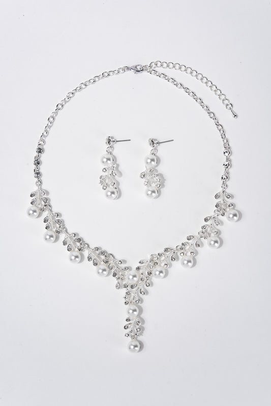 Daisy Rhinestone & Pearl Cluster Necklace Set | Silver