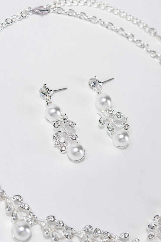 Daisy Rhinestone & Pearl Cluster Necklace Set | Silver