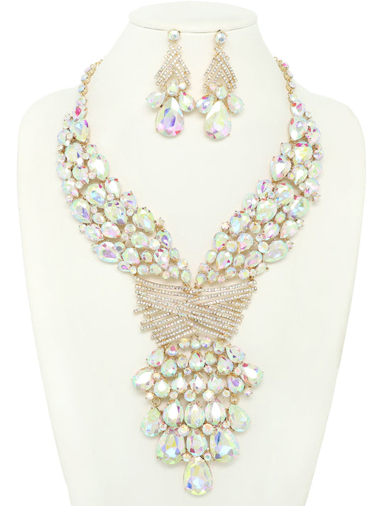 Cleopatra Teardrop Crystal Gemstone Rhinestone Cluster Bib Necklace Set | Iridescent