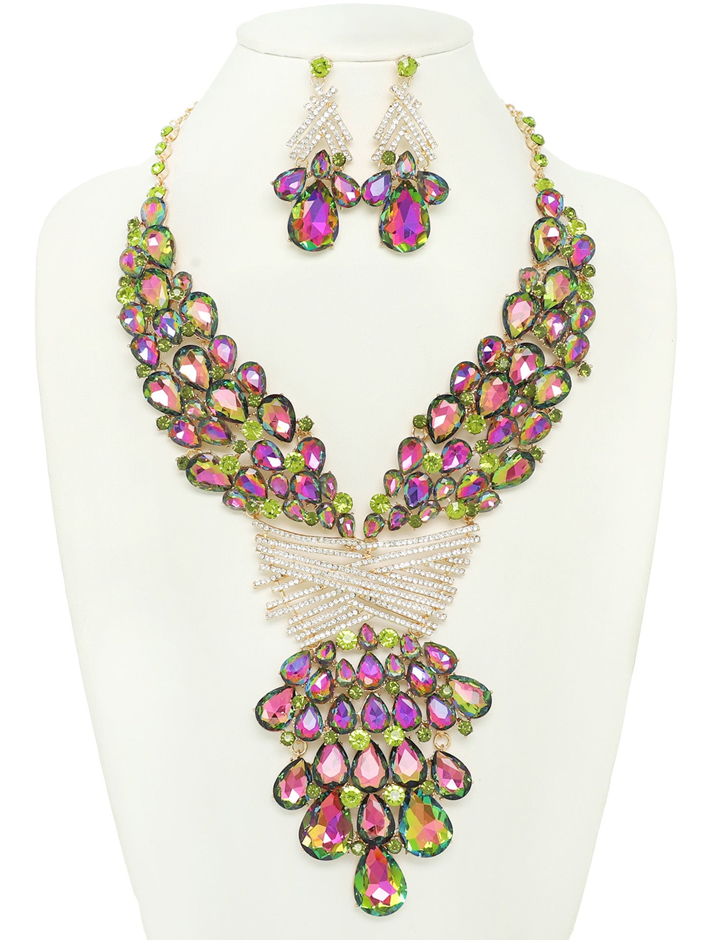Cleopatra Teardrop Crystal Gemstone Rhinestone Cluster Bib Necklace Set