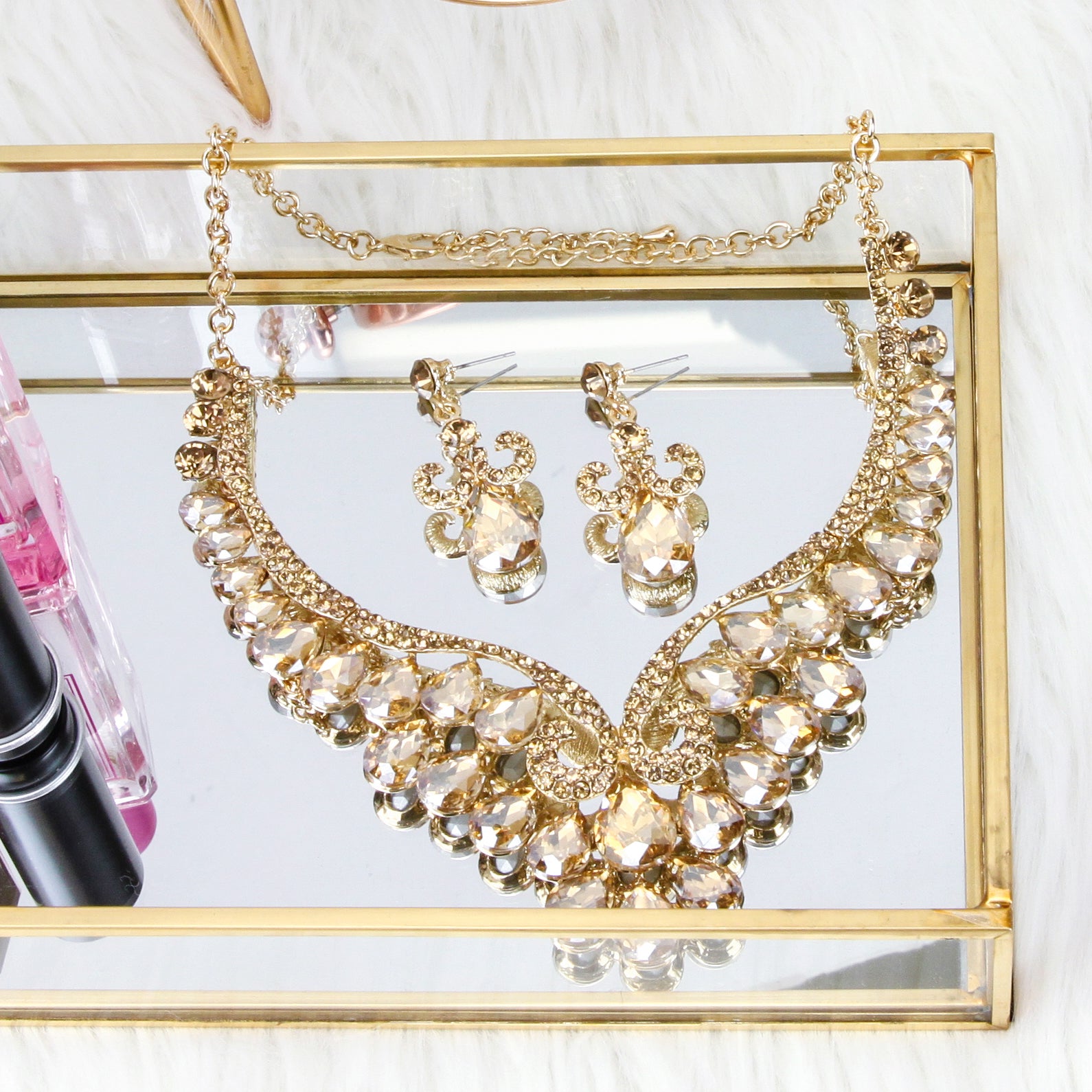 Gaia Teardrop Rhinestone Necklace & Earring Set - Iridescent | Champagne
