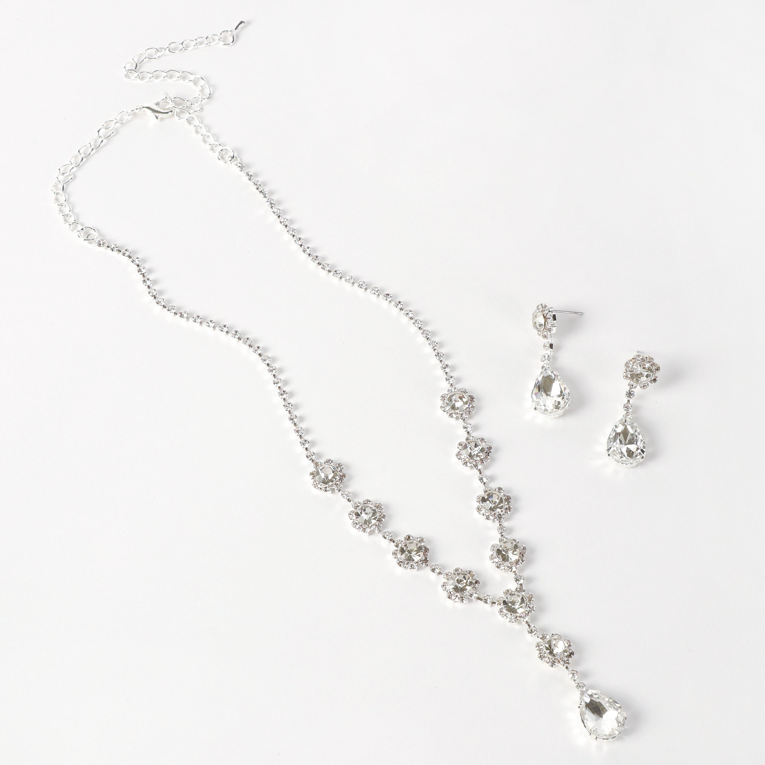 Candace Teardrop Rhinestone Necklace & Earring Set | Silver