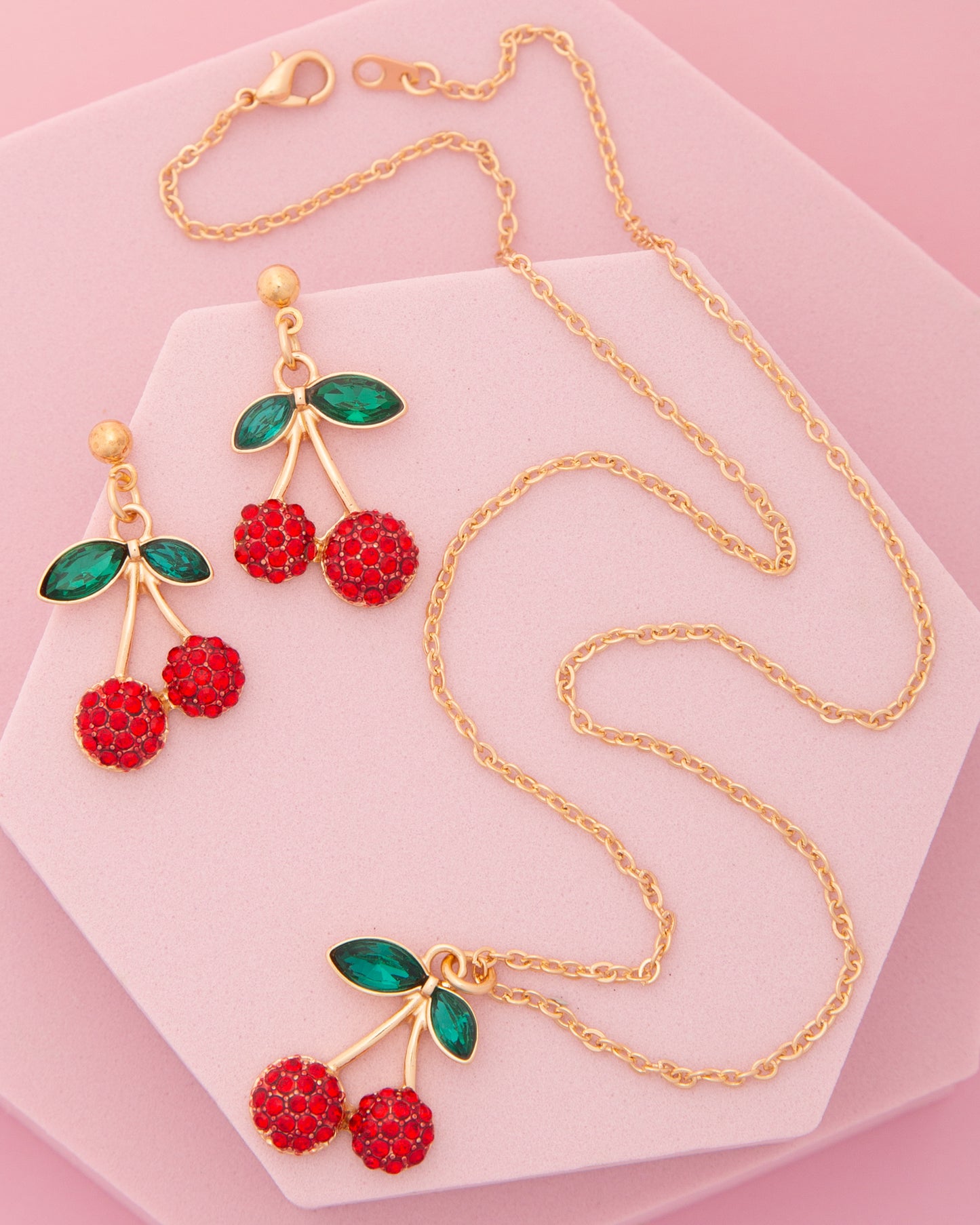 Andrea Red Crystal Rhinestone Cherry Pendant Necklace & Earring Set