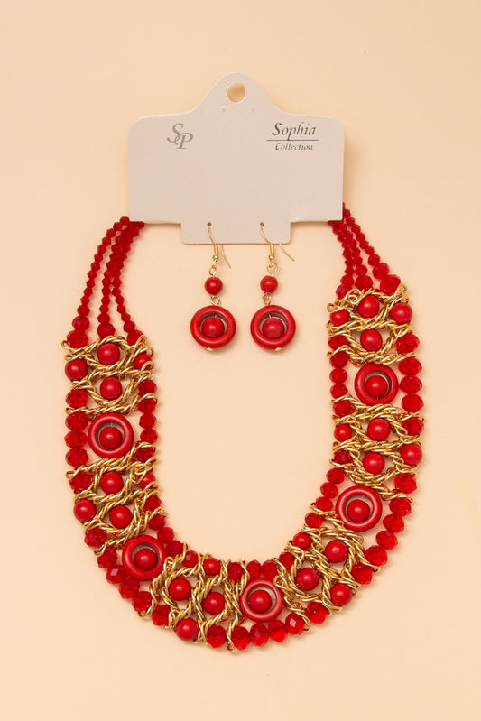 Katie Multicolor Spherical Beaded Necklace Earring Set | Red