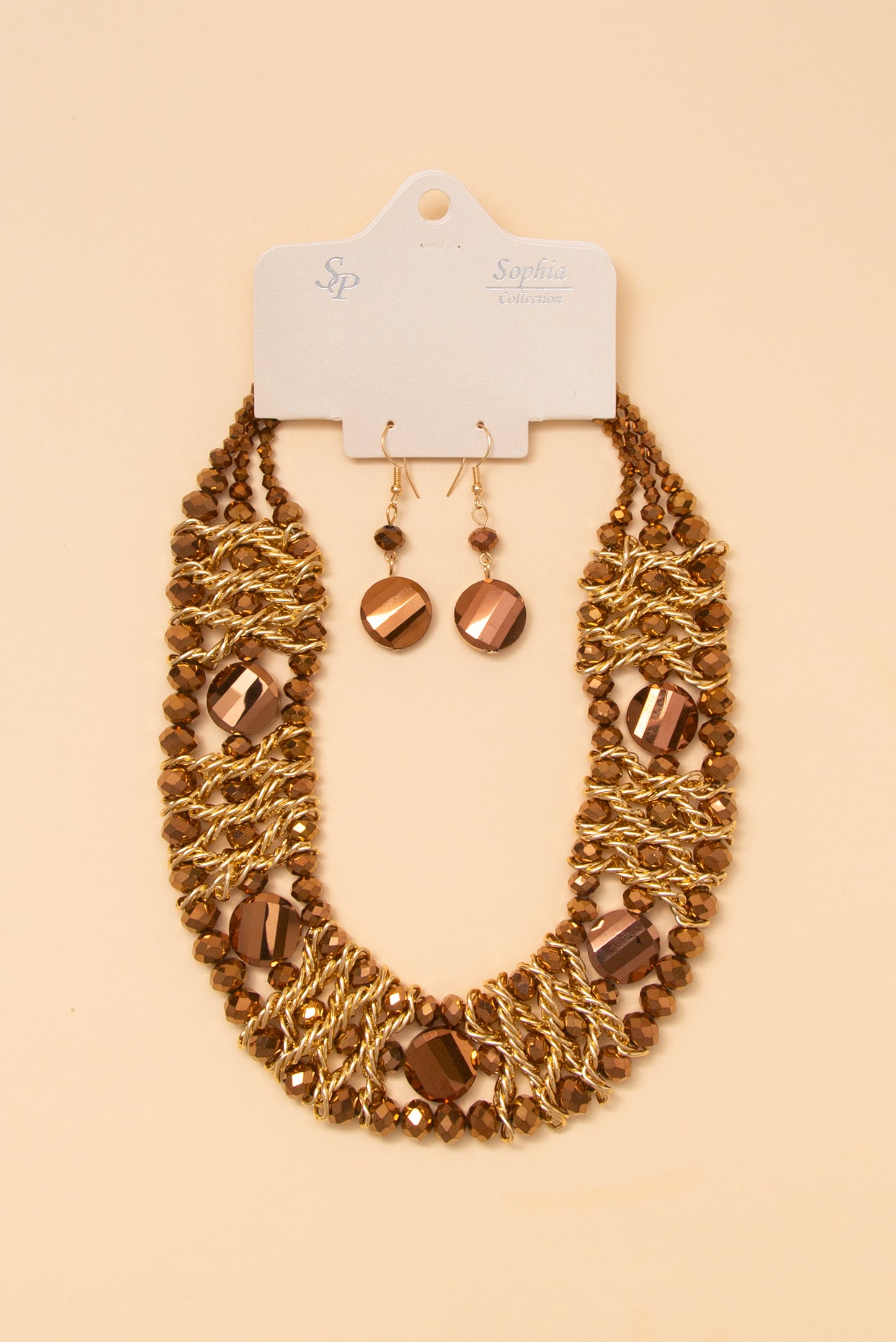 Shelby Multi Strand Woven Facet Bead Necklace Earring Set | Brown