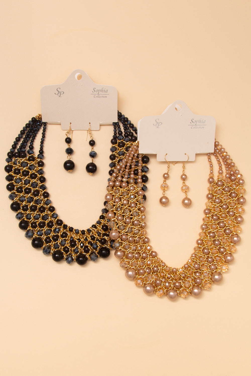 Jessica Multi Strand Pearl Facet Bead and Chain Necklace Earring Set