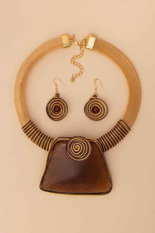 Luna Pectoral Styled Resin Stone Amulet Necklace and Earring Set | Brown