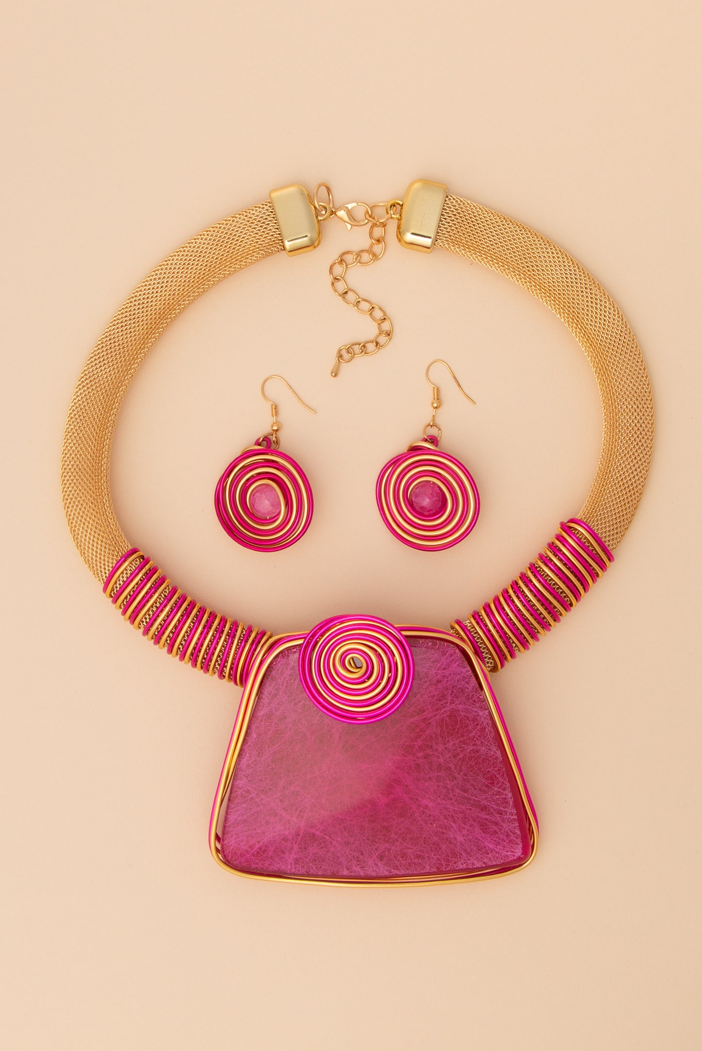 Luna Pectoral Styled Resin Stone Amulet Necklace and Earring Set | Fuchsia