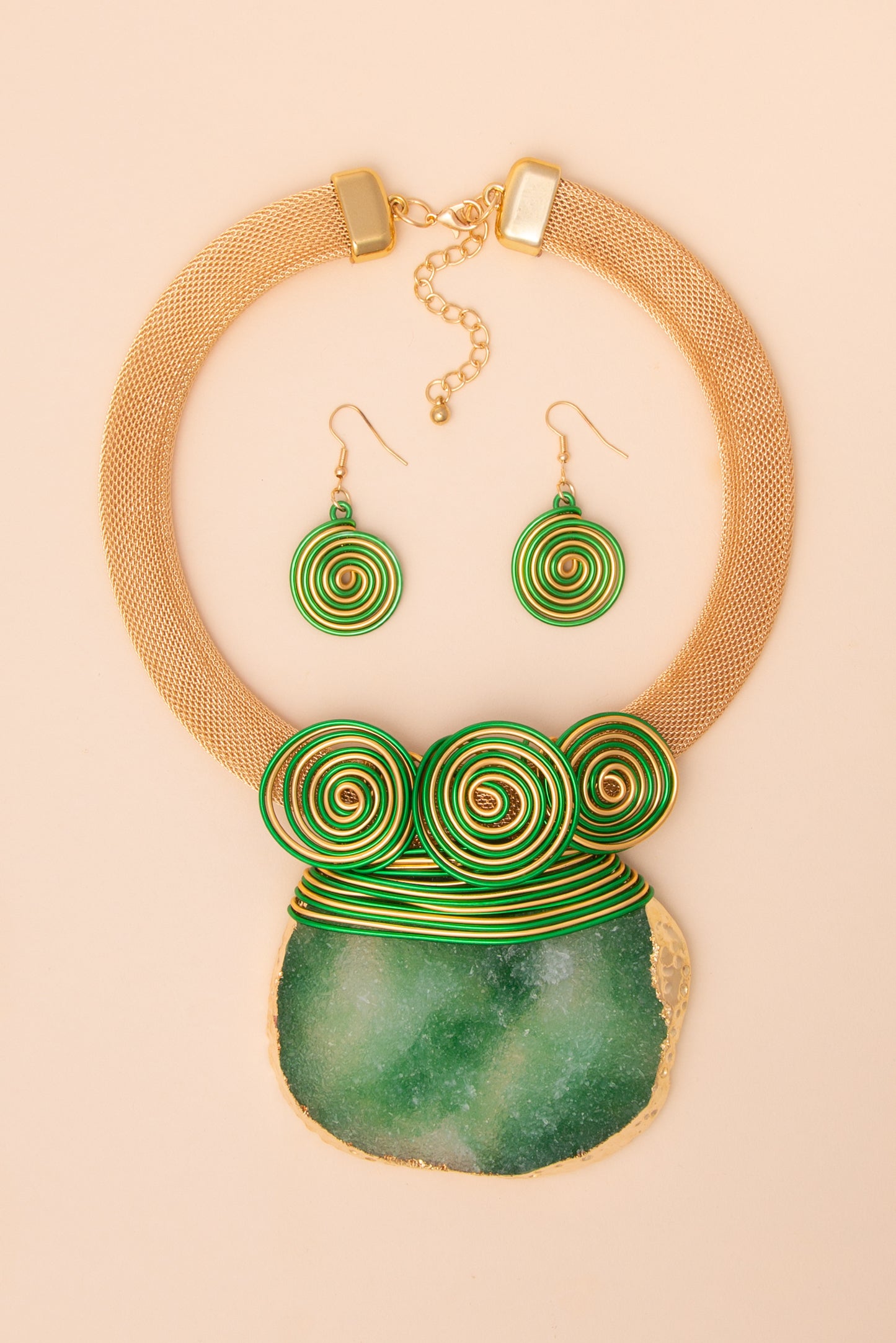 Eleanor Pectoral Synthetic Resin Stone Necklace and Earring Set | Green