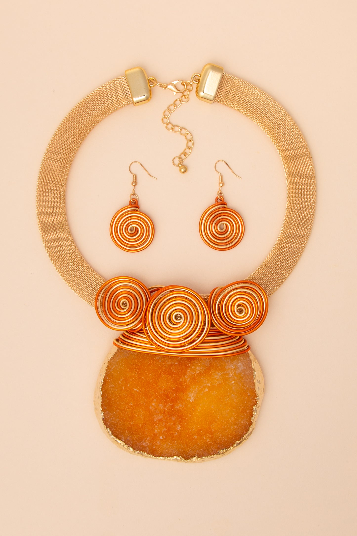 Eleanor Pectoral Synthetic Resin Stone Necklace and Earring Set | Orange