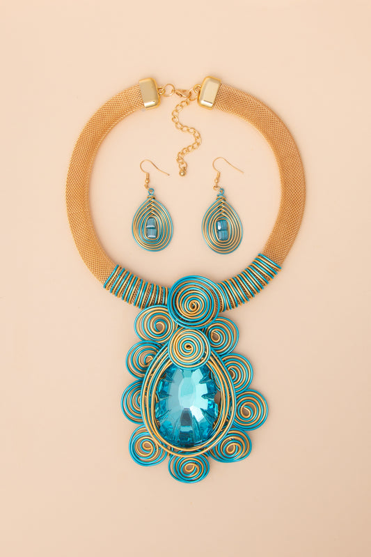 Violet African Inspired Resin Amulet Necklace and Earring Set | Aqua