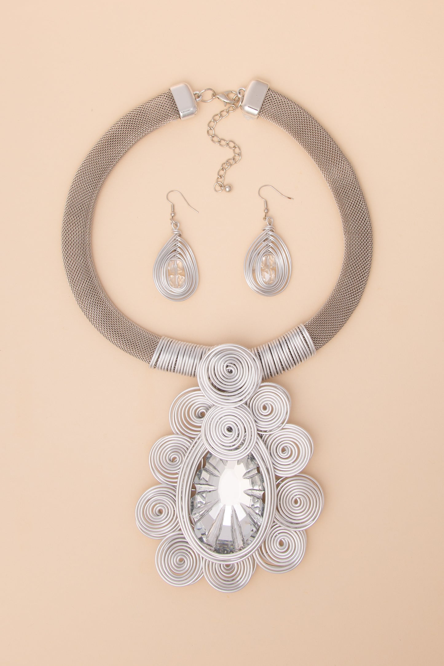 Violet African Inspired Resin Amulet Necklace and Earring Set | Silver