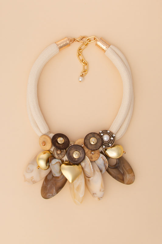 Sofia Geometric Necklace with Natural Wood Disc and Charms