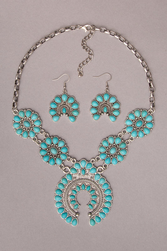 Amber Western Turquoise Blossom Necklace with Matching Earrings
