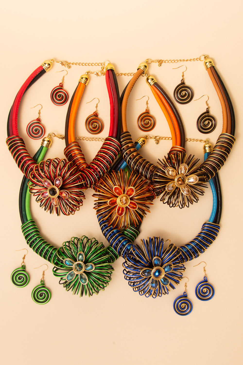 Aaliyah Flower Wire Necklace and Earring Set with Spiral Accents