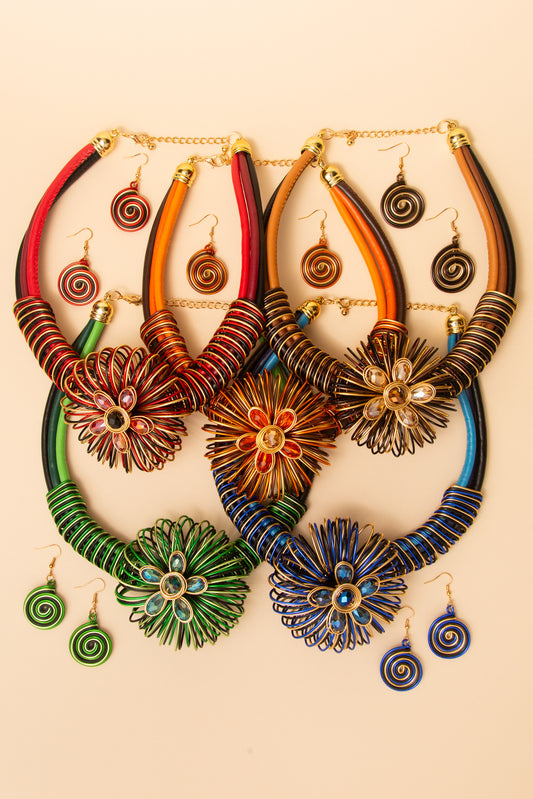 Aaliyah Flower Wire Necklace and Earring Set with Spiral Accents