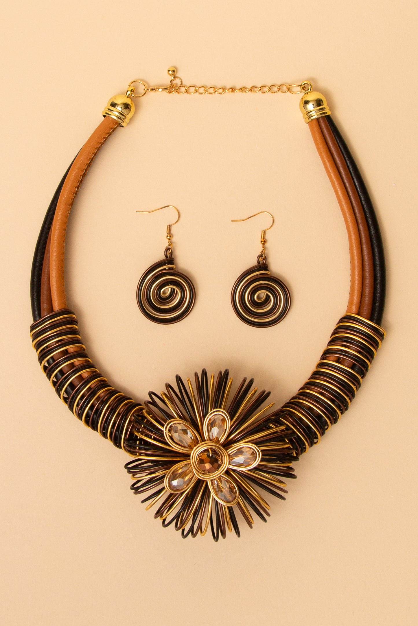 Aaliyah Flower Wire Necklace and Earring Set with Spiral Accents | Brown