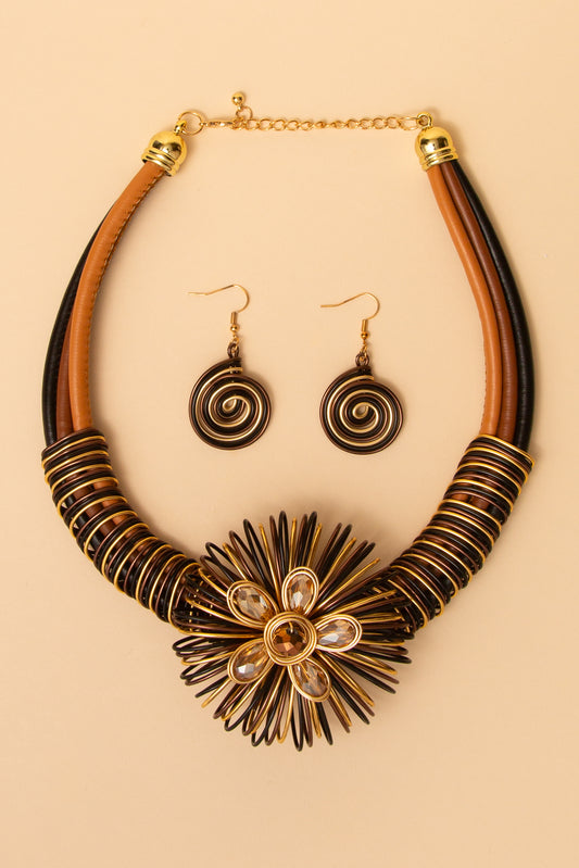 Aaliyah Flower Wire Necklace and Earring Set with Spiral Accents | Brown