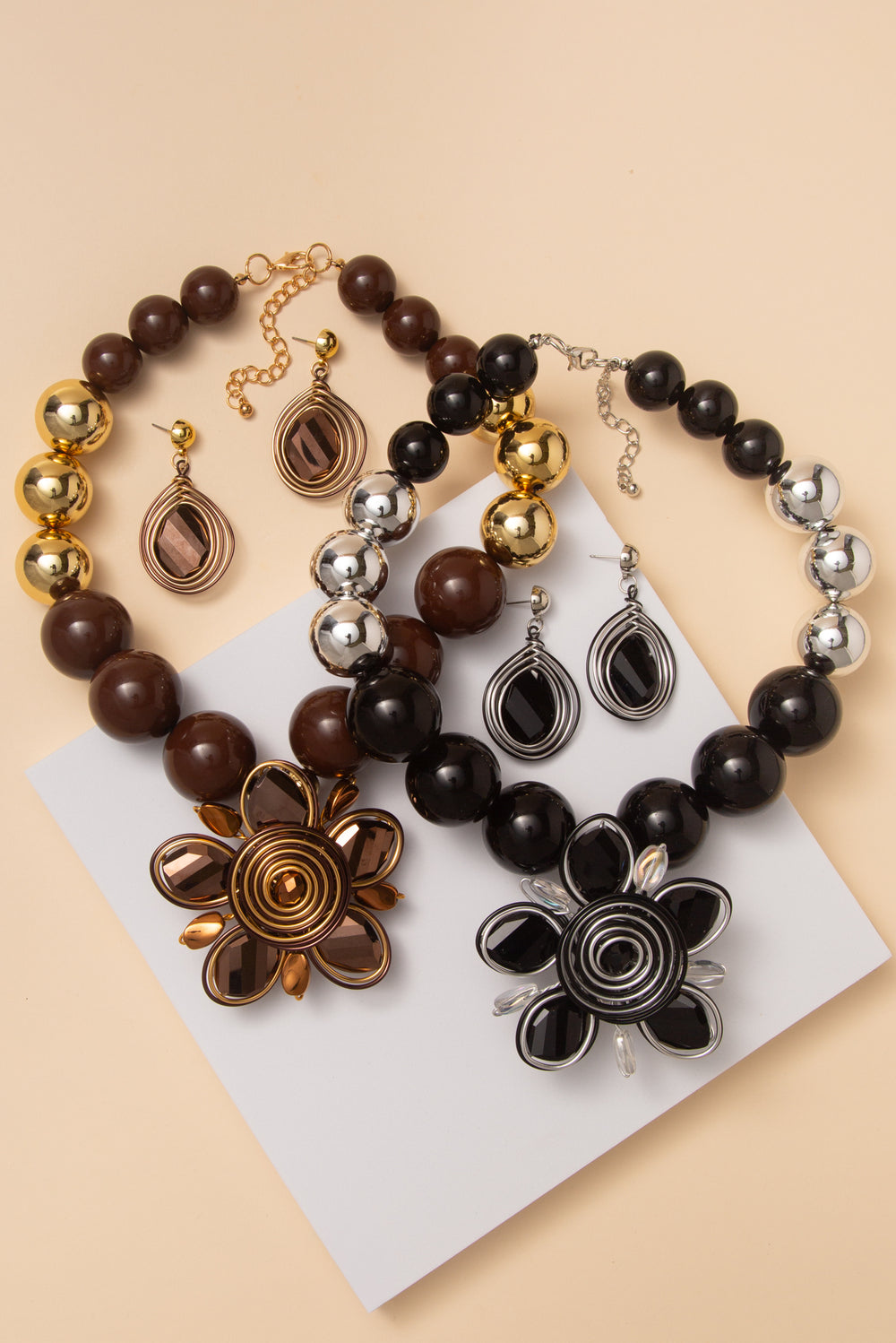 Karina Flower Pendant Ball Beaded Necklace Set with Crystal Earring