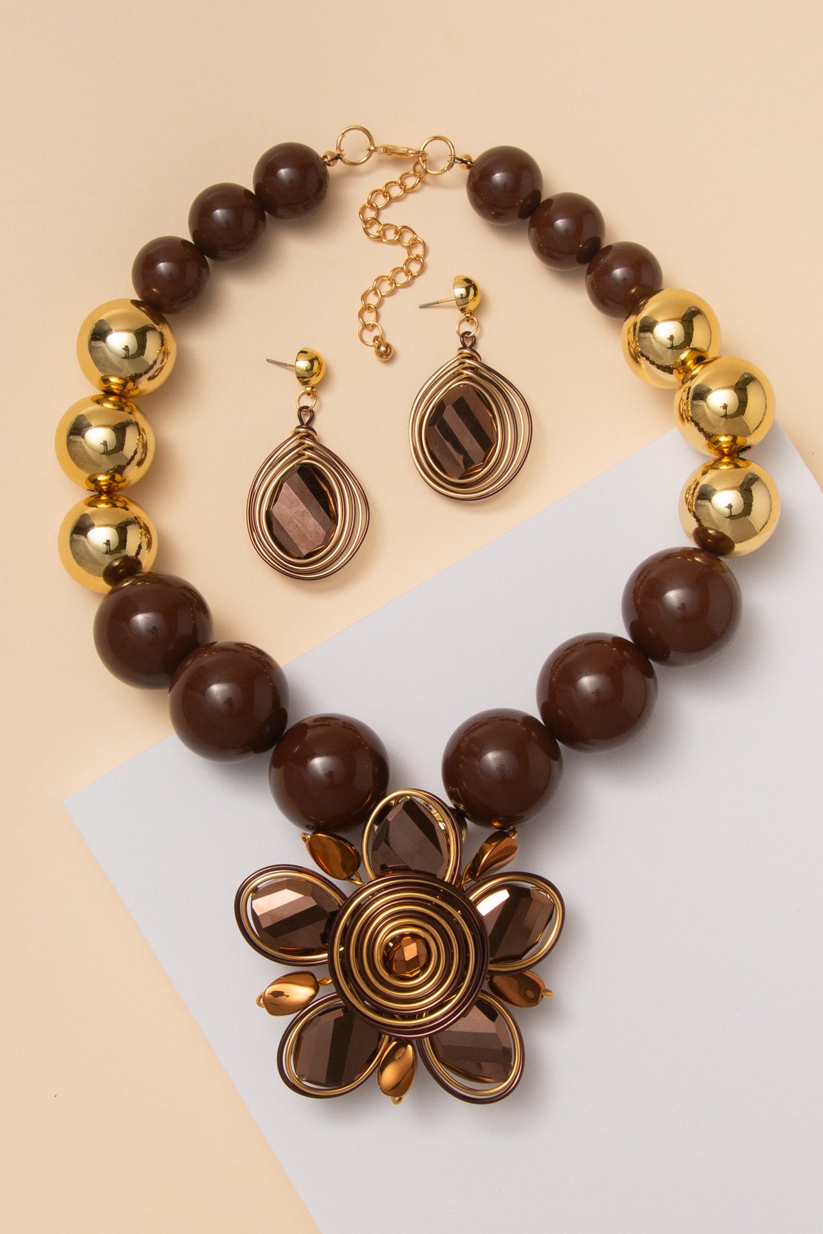 Karina Flower Pendant Ball Beaded Necklace Set with Crystal Earring | Brown