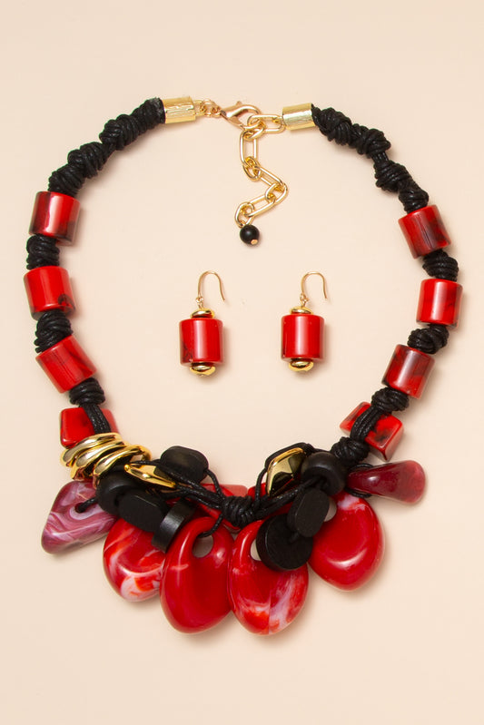Kylie Marbled Stone Drop Cluster Necklace Earring Set | Red