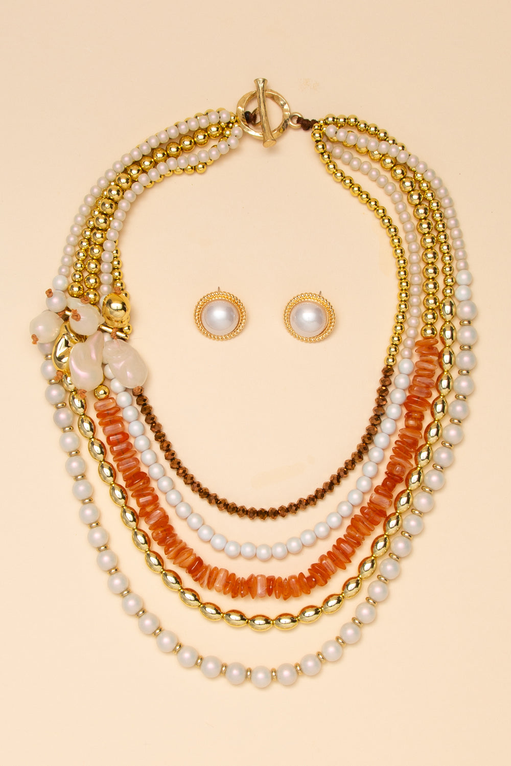 Chloe Multistrand And Metallic Bead Necklace Pearl Earring Set