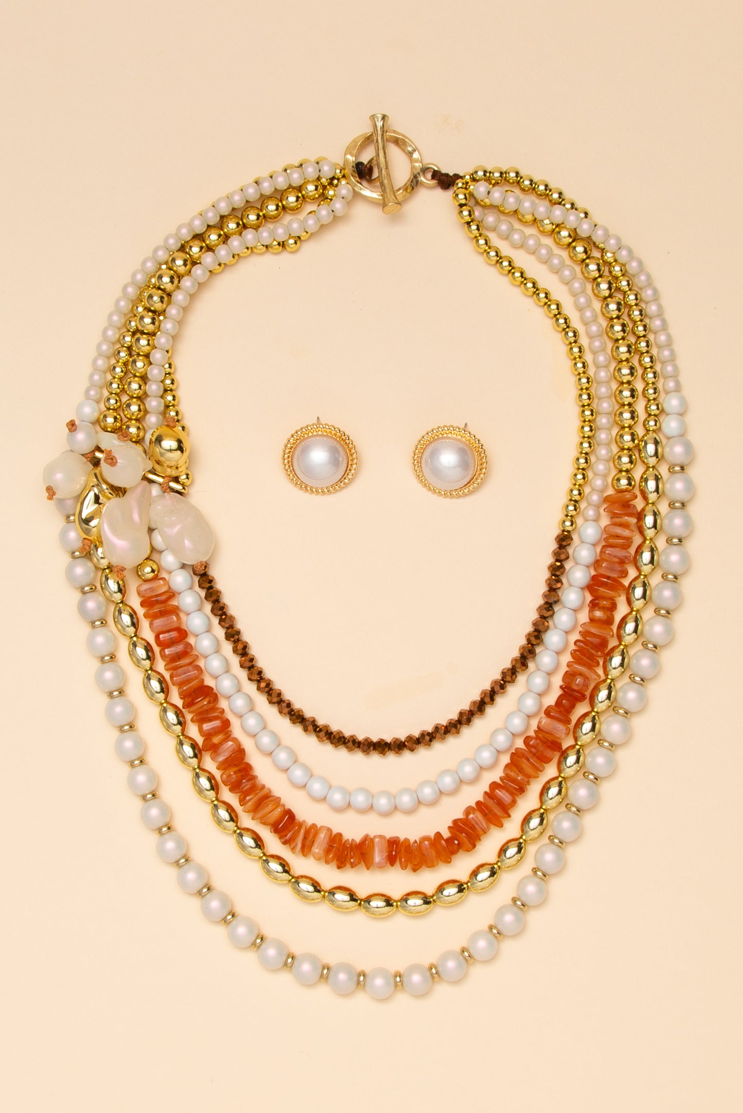 Chloe Multistrand And Metallic Bead Necklace Pearl Earring Set