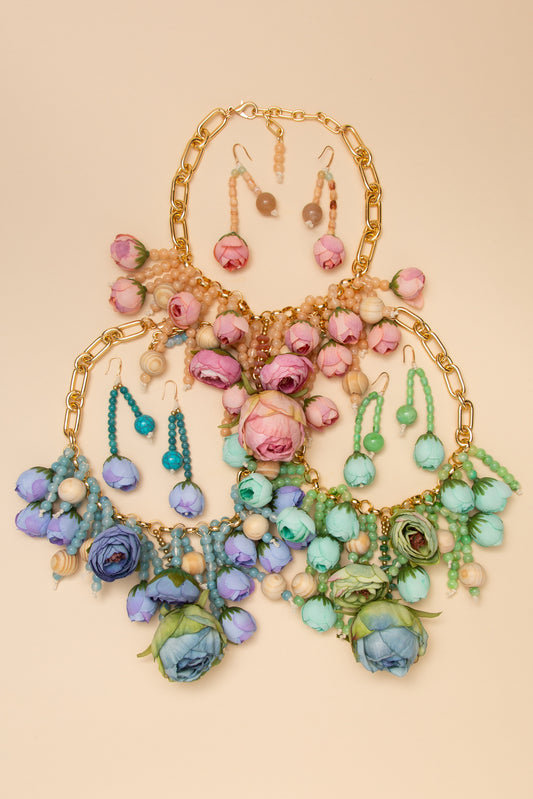Audrey Floral Cluster Rose Bud Chain Necklace Earring Set