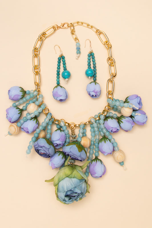 Audrey Floral Cluster Rose Bud Chain Necklace Earring Set | Lavender