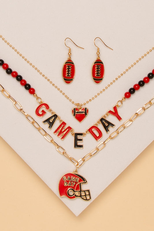 Celeste Game Day Football Heart Necklace Earring Set | Red & Black