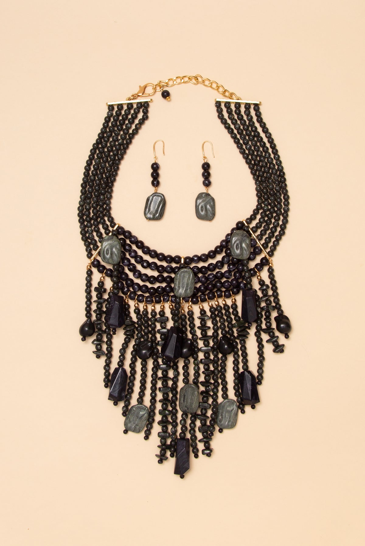 Lydia Multi Strand Beaded Fringe Necklace Earring Set | Black