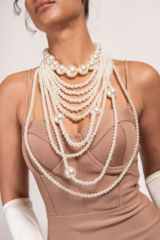 Juliana Multi-Layer Statement Pearl Necklace & Earring Set | Cream