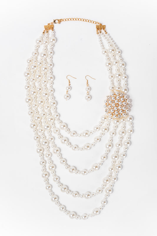 Summer Elegant Statement Pearl Necklace Set - Gold