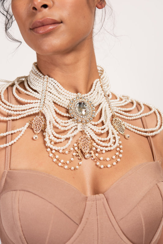 Adeline Pearl & Rhinestone Bib Necklace & Earring Set