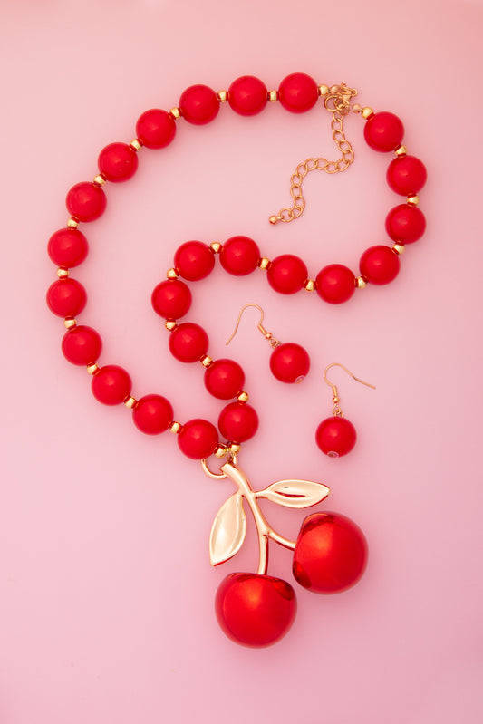 Winnie Red Glossy Cherry Pendant Pearl Necklace and Earring Set | Red