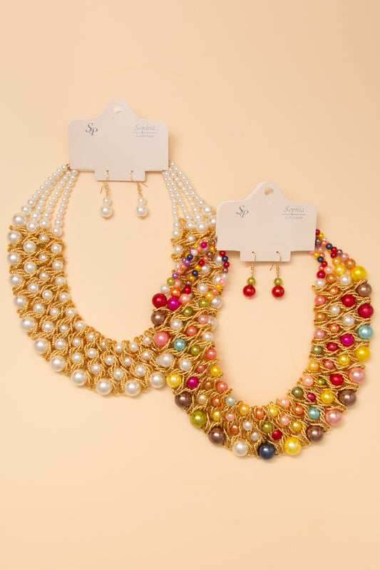 Scarlett Multi Strand Pearl Bead Statement Necklace Earring Set