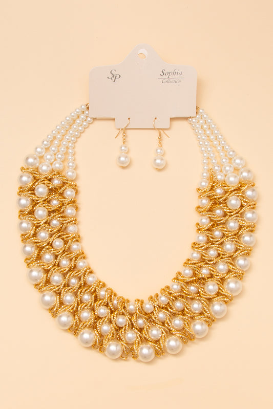 Scarlett Multi Strand Pearl Bead Statement Necklace Earring Set | Gold