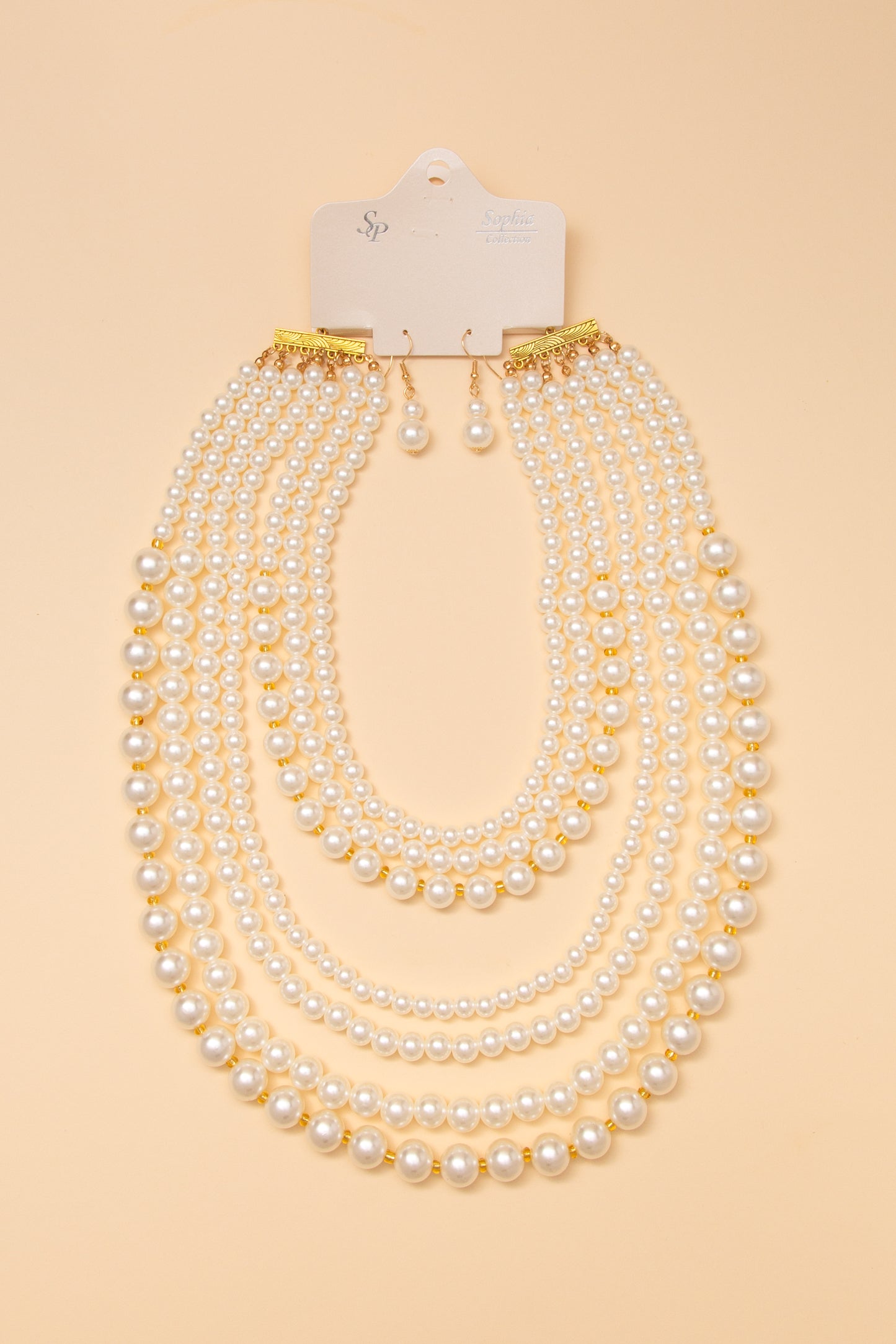 Gianna Multi Layer Pearl Champagne Necklace Earring Set
