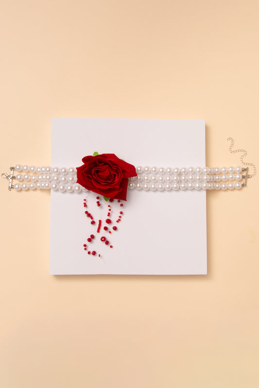 Ruthie Multi Strand Pearl Choker Necklace with Fabric Rose