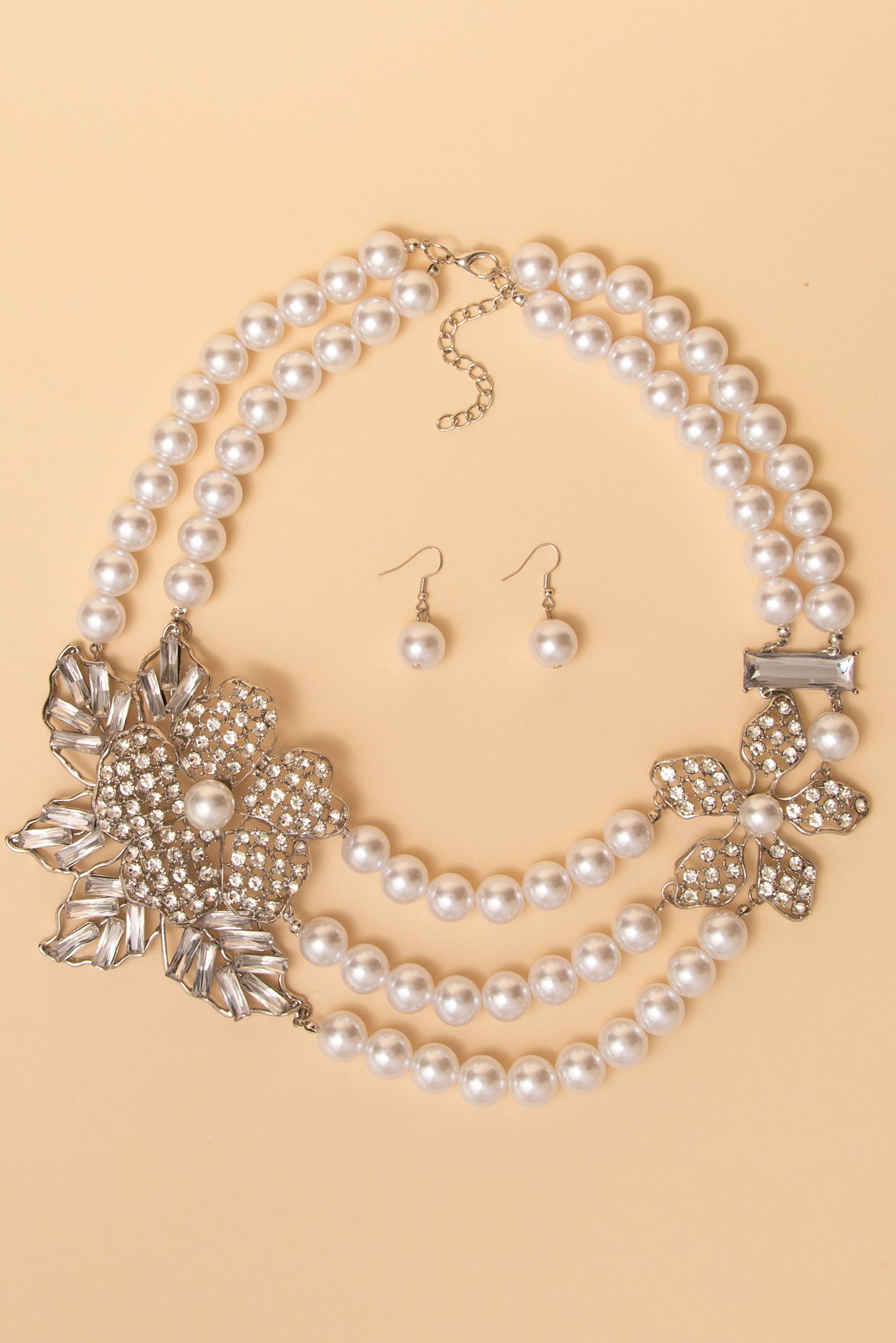Anna Dual Strand Rhinestone Flower Pearl Necklace and Earring Set | White