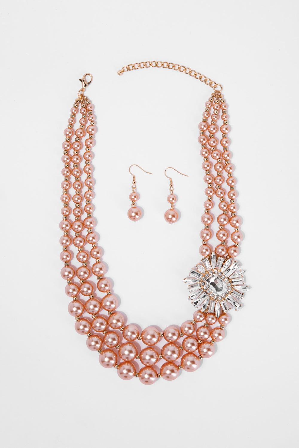 Giselle 3 Line Pearl Rhinestone Necklace Set | Rose Gold