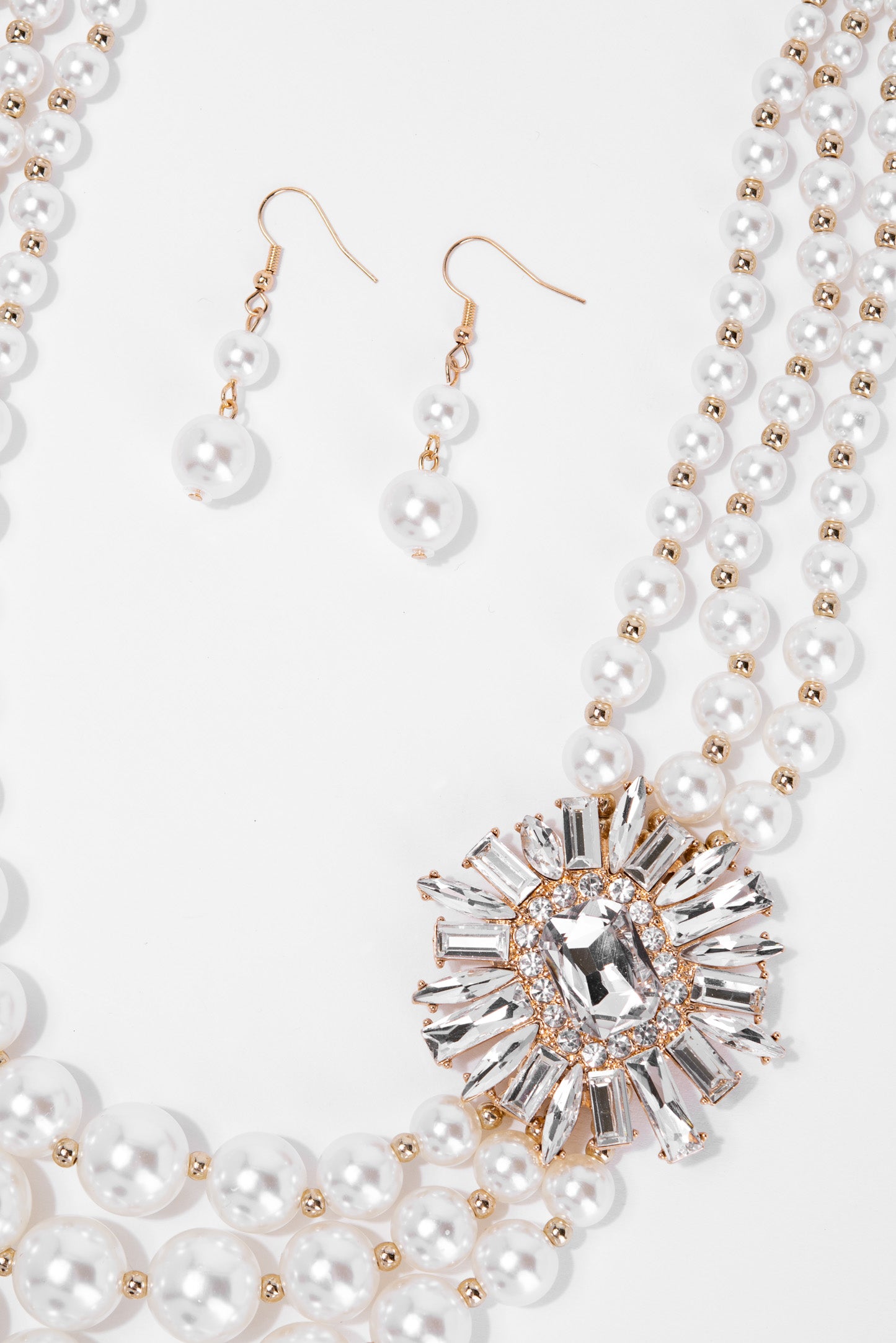 Giselle 3 Line Pearl Rhinestone Necklace Set